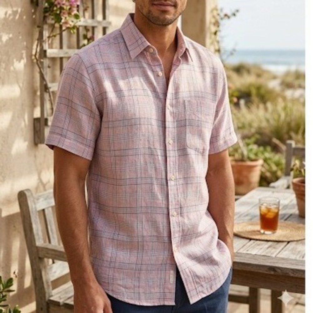 T. Harris London Mens XXL Pink Blue Plaid 100% Linen‎ Short Sleeve Button Shirt